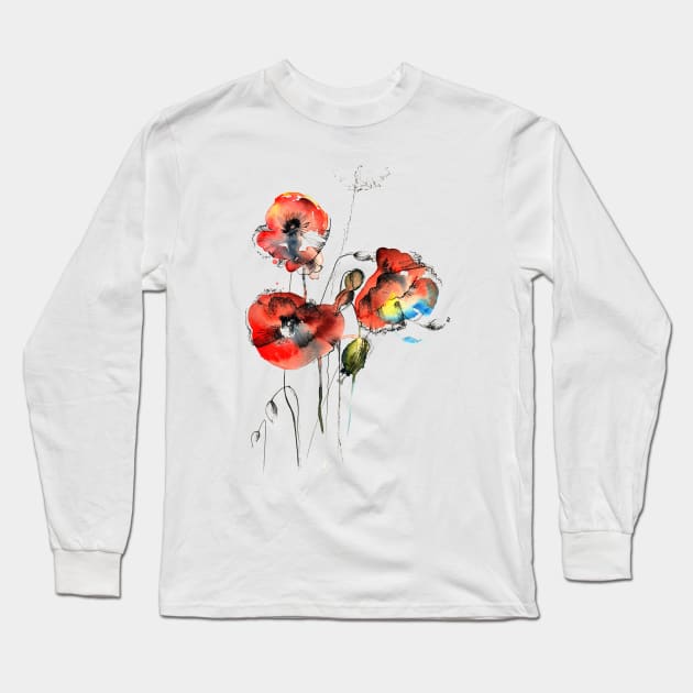 Poppies Long Sleeve T-Shirt by Maria Mi Art